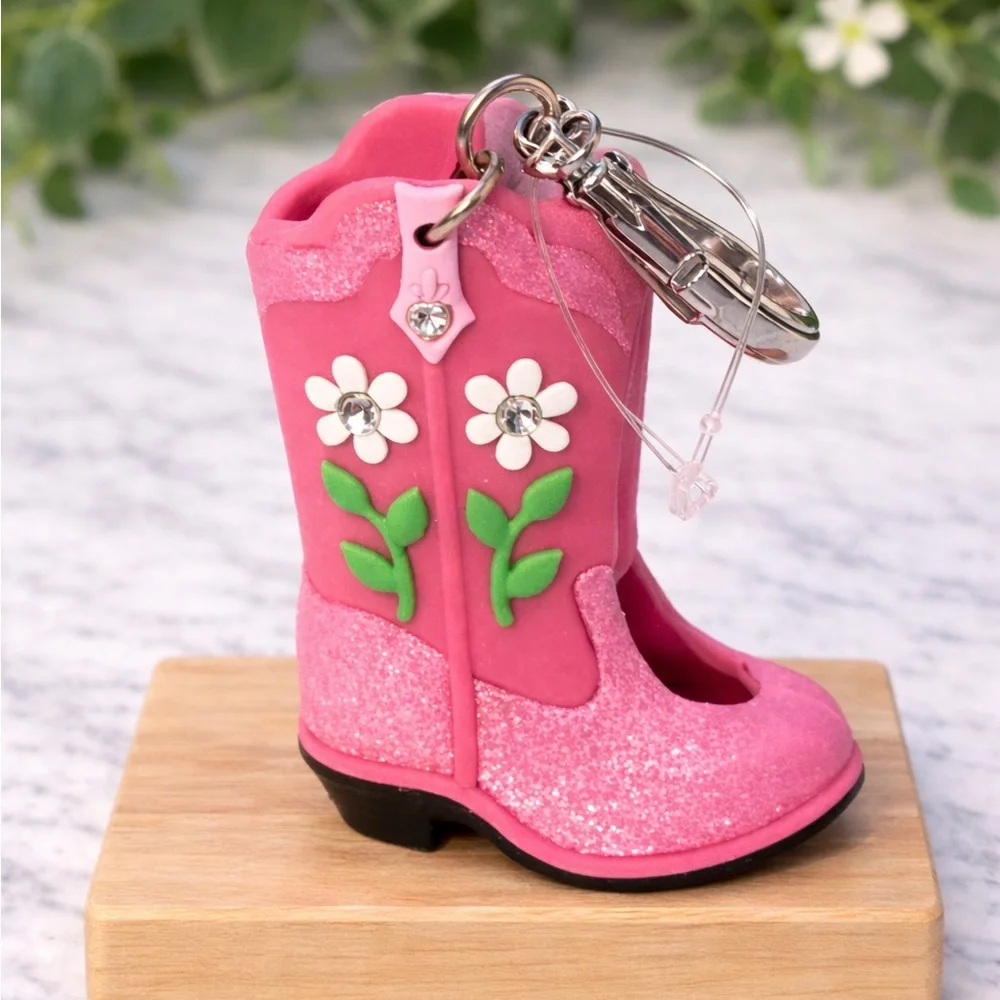 Pink Glitter Flower Boot Keychain NWOT